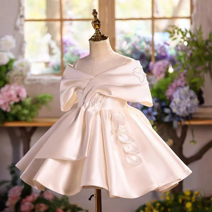 TinyTulle Elegant Ivory Off-Shoulder Satin Flower Girl Dress for Wedding
