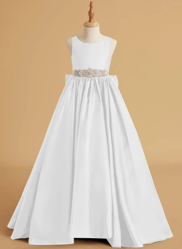TinyTulle Elegant Satin Ball Gown Flower Girl Dress with Jeweled Belt and Bow