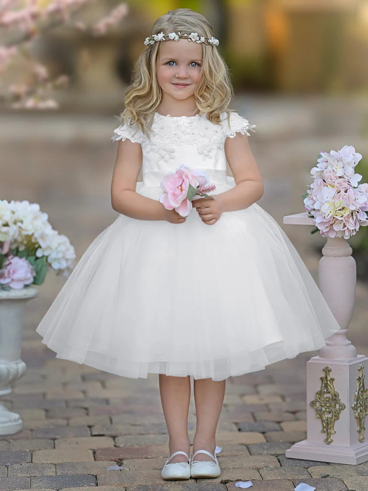 TinyTulle White Satin Tulle Tea-Length Flower Girl Dress for First Communion &amp; Wedding