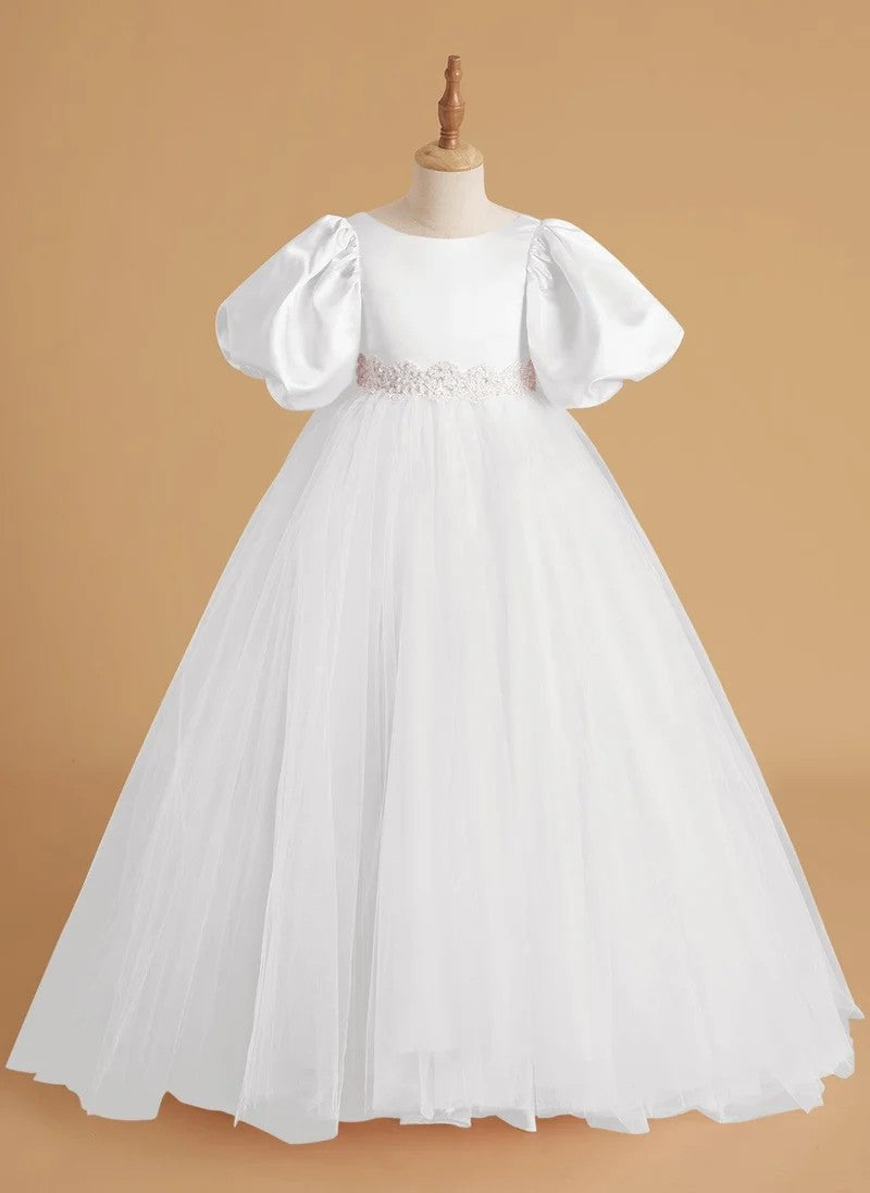 TinyTulle Elegant Satin &amp; Tulle Puff Sleeve Ball Gown with Beaded Waistband for First Communion &amp; Weddings