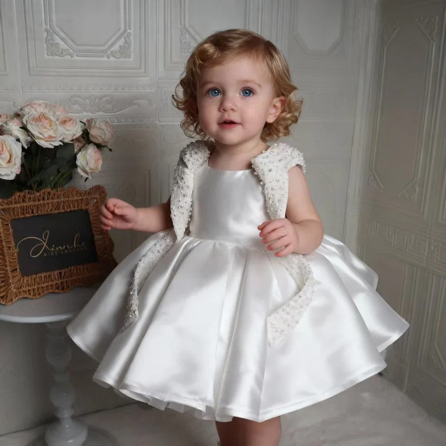 TinyTulle Elegant White Satin Flower Girl Dress with Pearl Embellished Vest