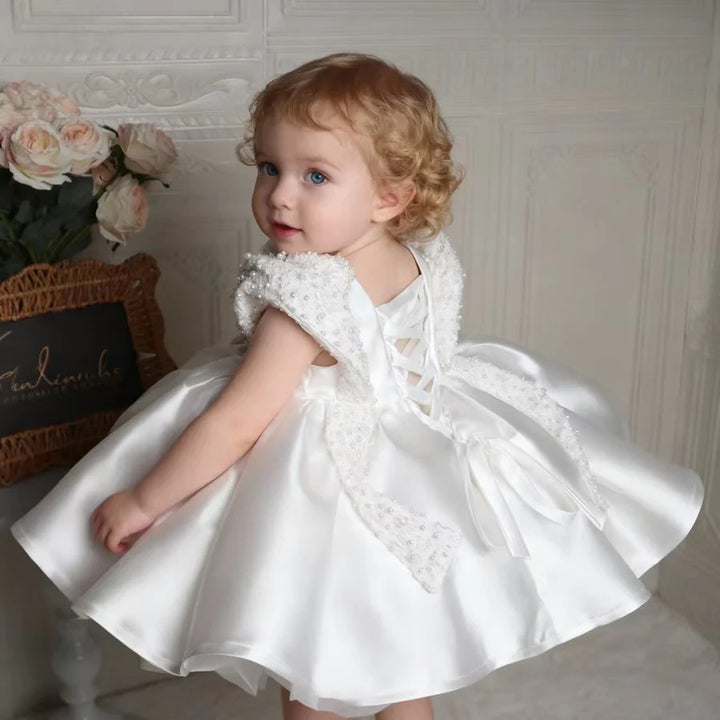 TinyTulle Elegant White Satin Flower Girl Dress with Pearl Embellished Vest