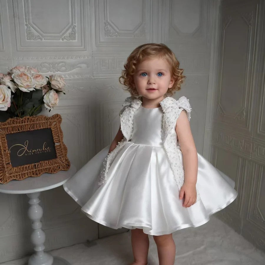 TinyTulle Elegant White Satin Flower Girl Dress with Pearl Embellished Vest