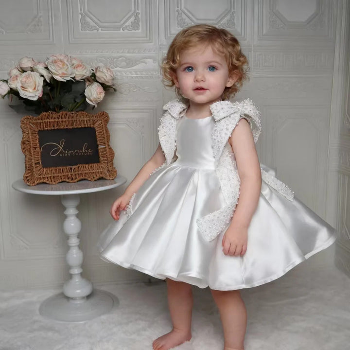 TinyTulle Elegant White Satin Flower Girl Dress with Pearl Embellished Vest