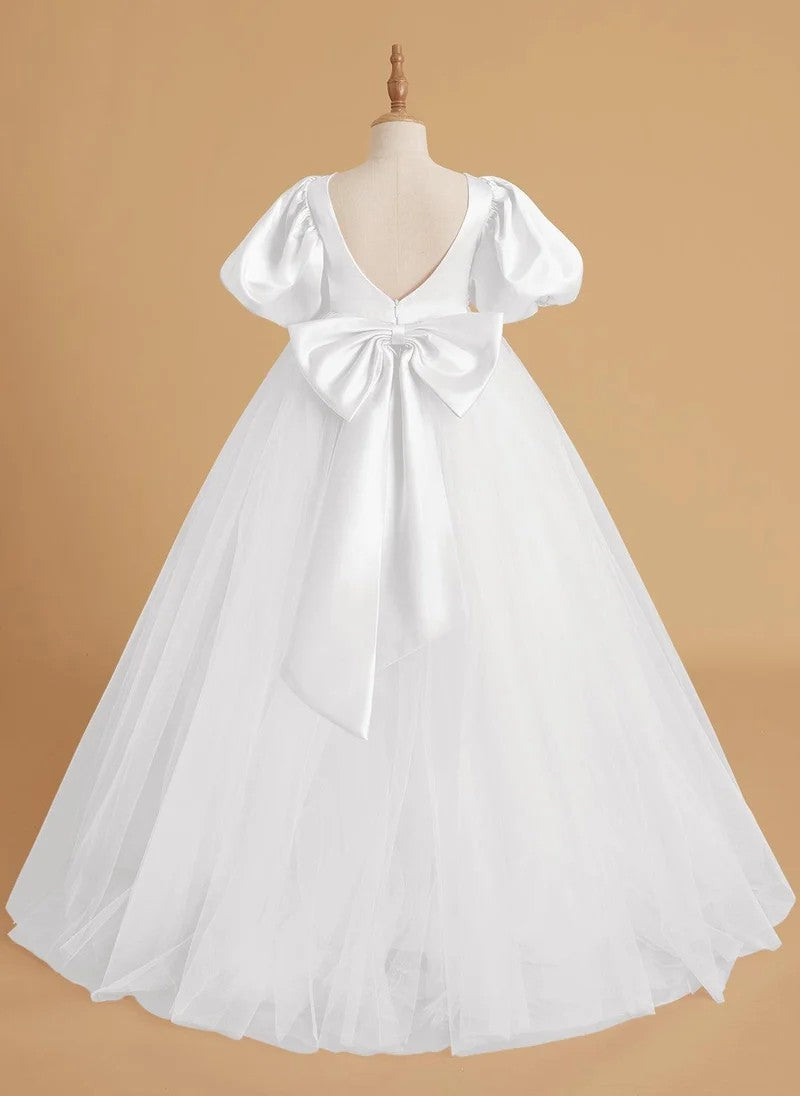 TinyTulle Elegant Satin &amp; Tulle Puff Sleeve Ball Gown with Beaded Waistband for First Communion &amp; Weddings