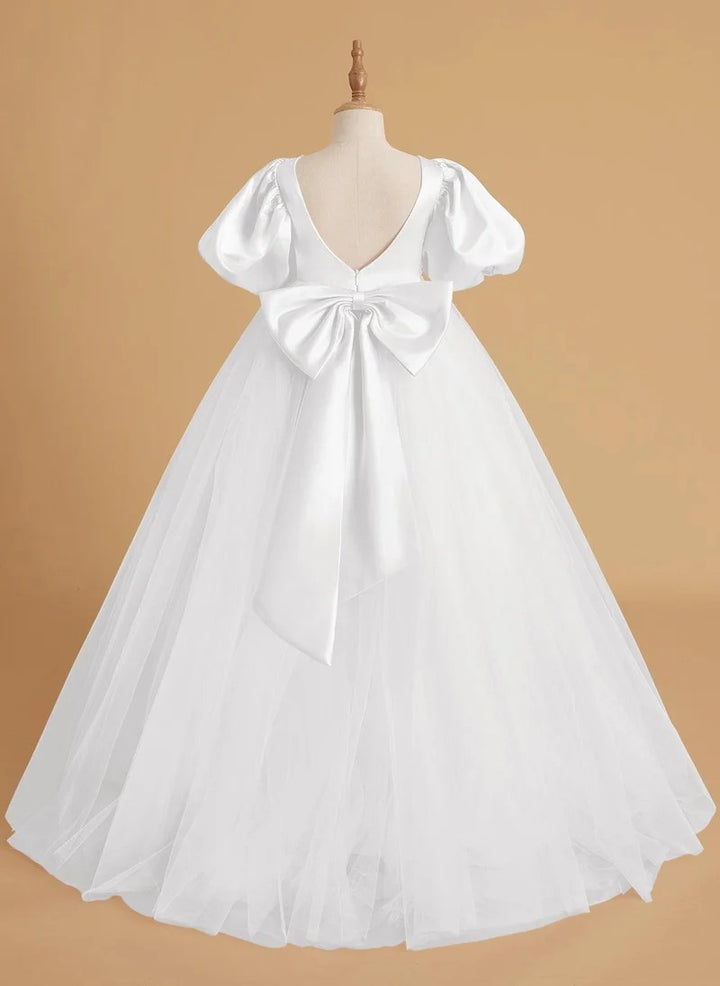 TinyTulle Elegant Satin &amp; Tulle Puff Sleeve Ball Gown with Beaded Waistband for First Communion &amp; Weddings