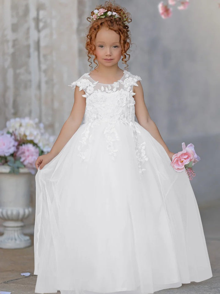 TinyTulle Elegant Sleeveless Floral Appliqué Tulle Floor-Length Flower Girl Dress