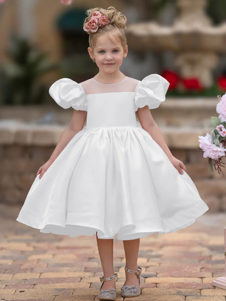 TinyTulle Elegant Puff Sleeve Satin A-Line Flower Girl Dress with Bow