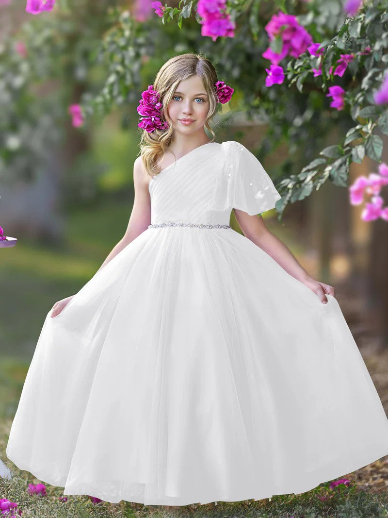 TinyTulle Romantic Lavender One-Shoulder Tulle A-Line Flower Girl Dress