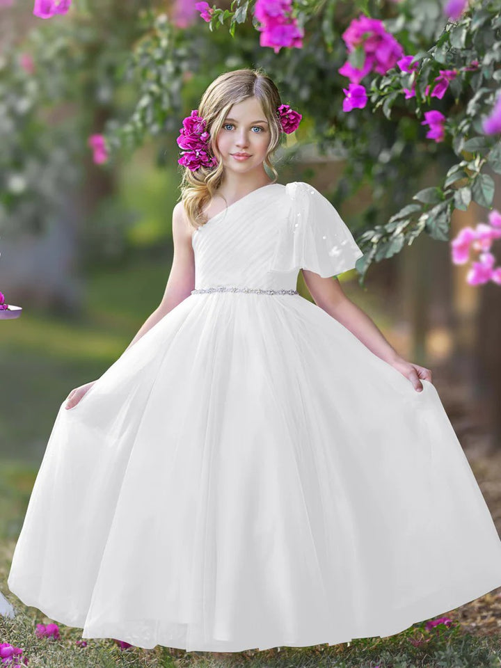 TinyTulle Romantic Lavender One-Shoulder Tulle A-Line Flower Girl Dress